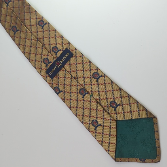 Tommy Hilfiger 90's Vintage Preppy Plaid Scattered Crest Logo Silk Neck Tie Tan - Picture 7 of 10